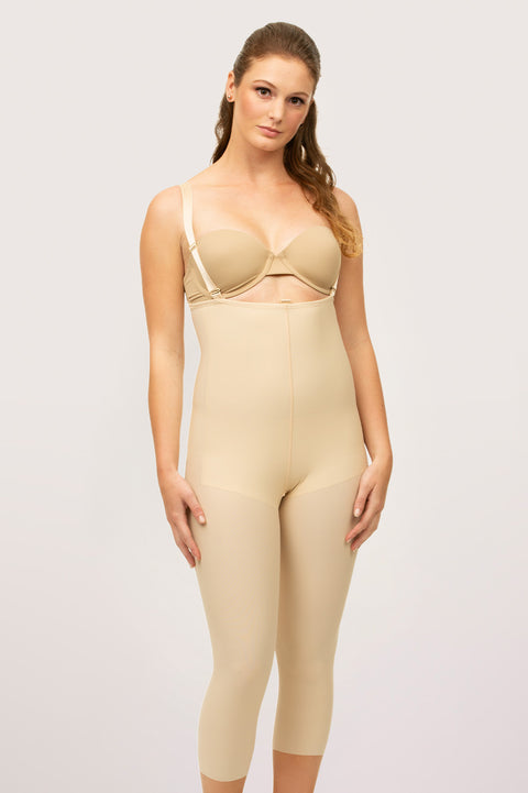 Isavela BS06 Stage 2 capri-length pull-on girdle with adjustable suspenders for thigh liposuction recovery, front view in beige.