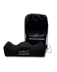 Black contour pillow with Contour MD drawstring bag on a white background