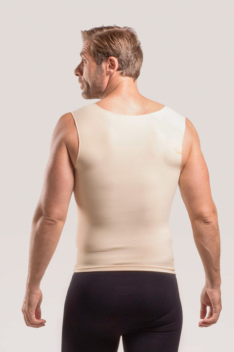 Full back view of the Isavela MG04 beige compression vest, highlighting the high-back support and latex-free medical material for post-op stability.