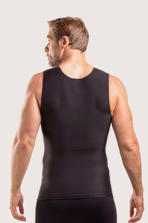 Full rear view of the MG04 black male surgical vest, showing the high-back compression and stable fit for post-operative abdominal support.