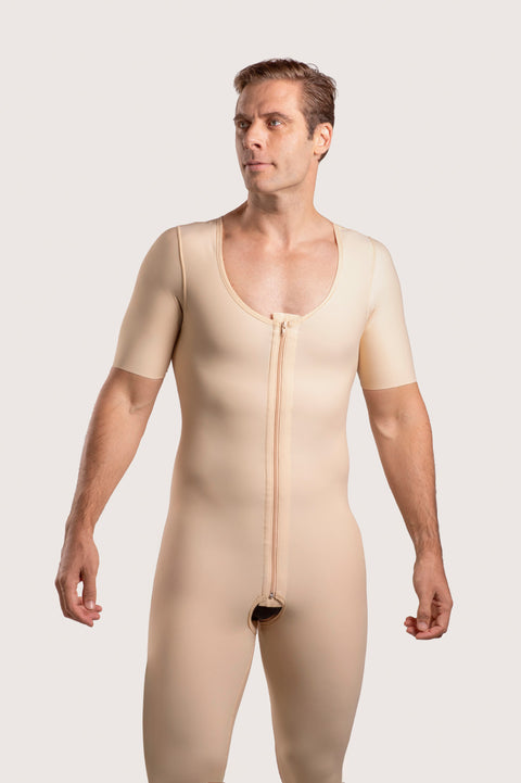Body de compresión para hombre por debajo de la rodilla con mangas y cremallera (MG07-BK)