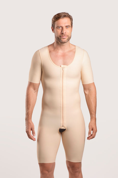 Body de compresión hasta la mitad del muslo para hombre con mangas y cremallera (MG07)