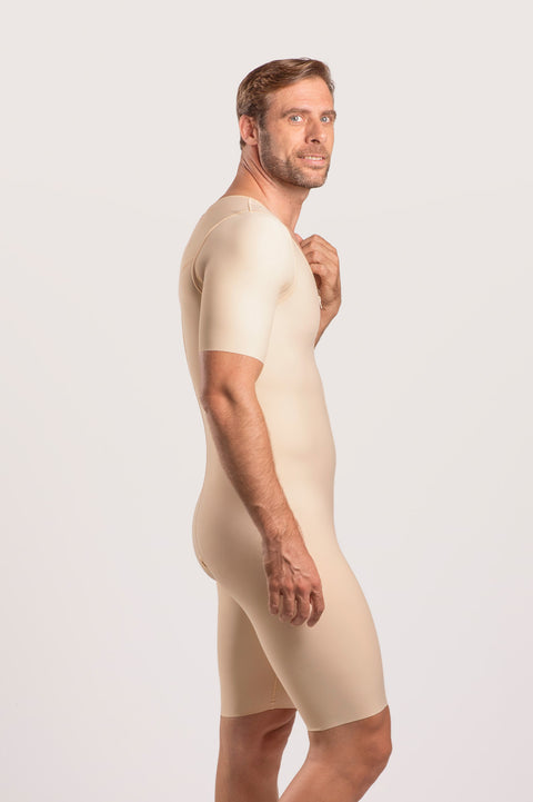 Body de compresión hasta la mitad del muslo para hombre con mangas y cremallera (MG07)