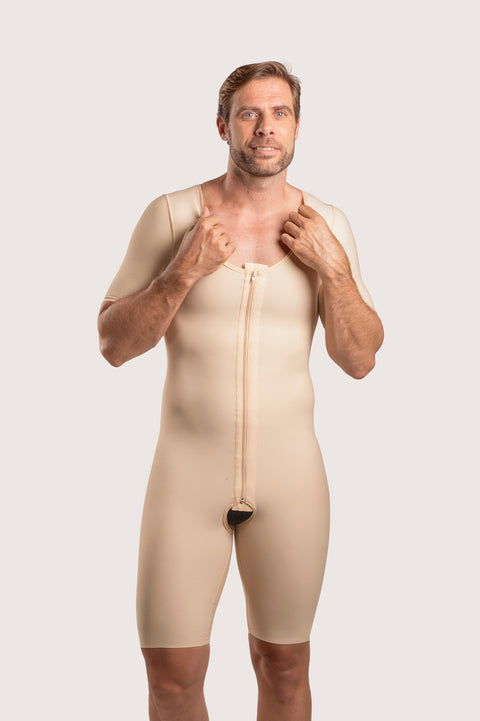 Body de compresión hasta la mitad del muslo para hombre con mangas y cremallera (MG07)