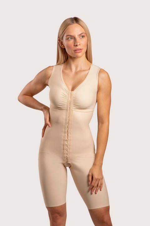 Isavela BB09-NS Stage 1 full body suit in beige, featuring an integrated surgical bra and sleeveless design for multi-procedural recovery with flat-seamed fabric."