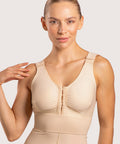 Isavela BR02 Stage 1 surgical bra featuring an integrated 2-inch elastic bust-line for stable breast augmentation and lift recovery, seamless beige medical fabric.