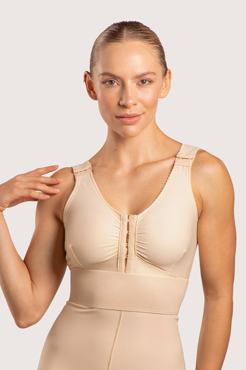 Isavela BR02 Stage 1 surgical bra featuring an integrated 2-inch elastic bust-line for stable breast augmentation and lift recovery, seamless beige medical fabric.