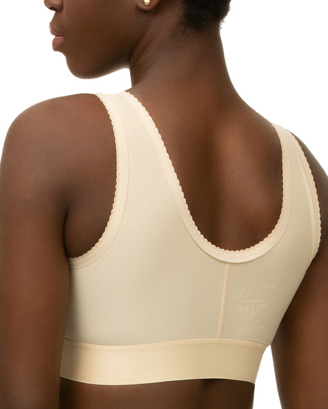 Isavela BR02 Stage 1 surgical bra featuring an integrated 2-inch elastic bust-line for stable breast augmentation and lift recovery, seamless beige medical fabric.