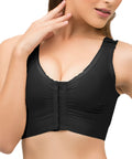 Isavela BR02 Stage 1 surgical bra featuring an integrated 2-inch elastic bust-line for stable breast augmentation and lift recovery, seamless black medical fabric.