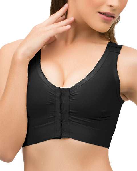 Isavela BR02 Stage 1 surgical bra featuring an integrated 2-inch elastic bust-line for stable breast augmentation and lift recovery, seamless black medical fabric.
