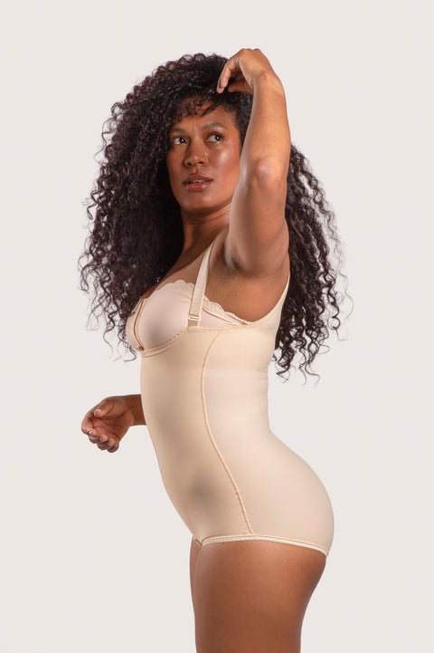 Full side view of the BS02 Stage 2 brief-cut bodysuit, showing the panty-length design that fits discreetly under short dresses and skirts.