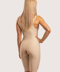 Detailed back view of the mid-thigh leg openings on the BS04 bodysuit, showing the flat-seamed finish and open-crotch design for maximum comfort during recovery.