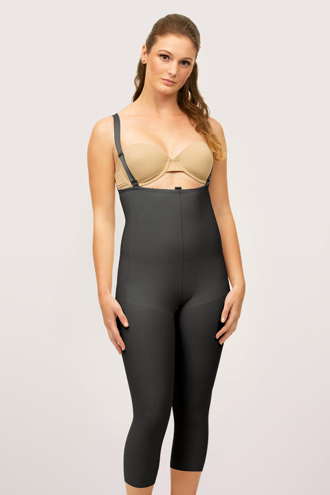 Isavela BS06 Stage 2 capri-length pull-on girdle with adjustable suspenders for thigh liposuction recovery, front view in black.