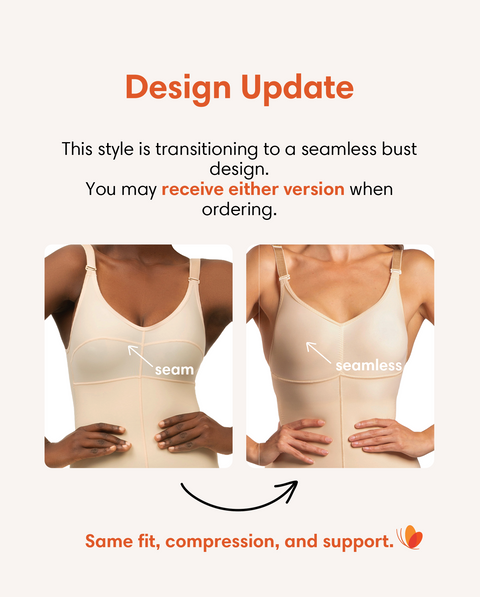 Comparison of a traditional bra with seams and a seamless bra, with text indicating design update and same fit, compression, and support.
