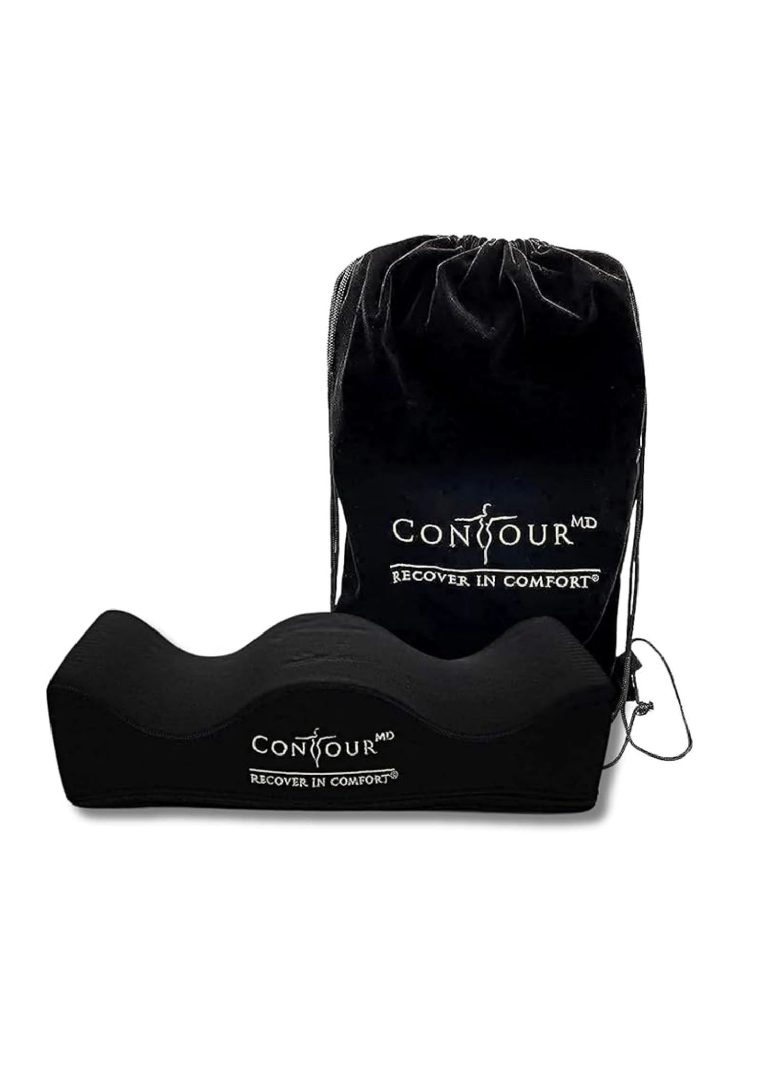 Black contour pillow with Contour MD drawstring bag on a white background
