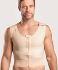 Man wearing a beige compression garment on a plain background