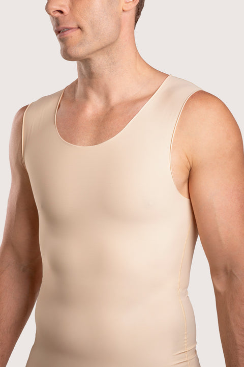 Detailed front view of the MG04 Stage 2 male vest in black, highlighting the latex-free chest compression panel and flat-seamed neck opening.