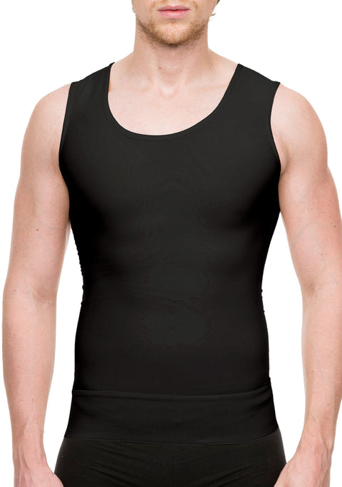 Front view of the MG05 male surgical vest in black, highlighting the latex-free chest compression and secure waistband design.