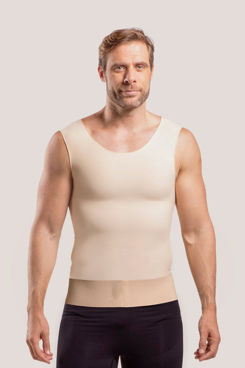 Isavela MG05 Stage 2 male compression vest in beige, featuring a 3-inch elastic waistband and flat-seamed medical fabric for abdominal support.