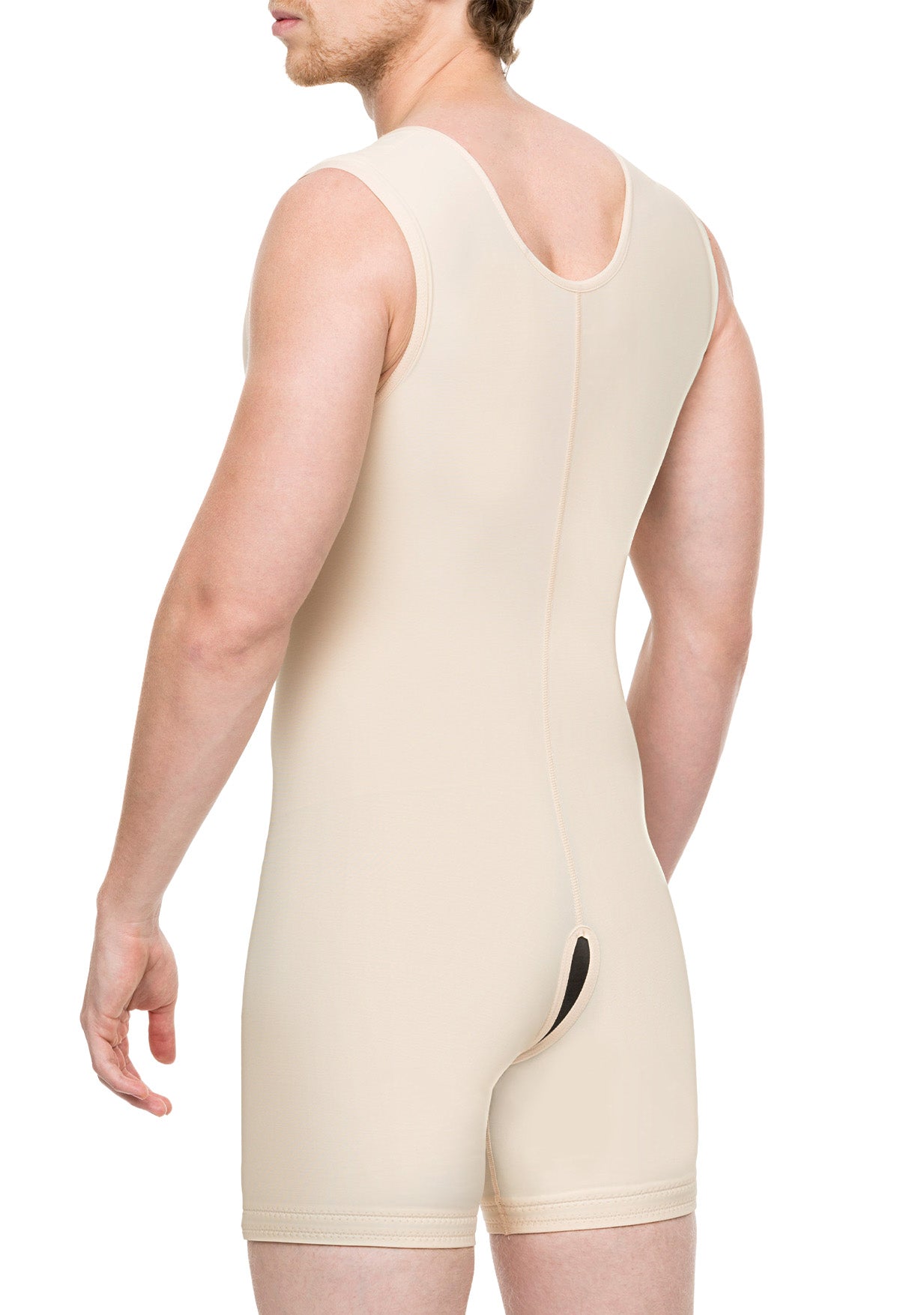Beige bodysuit worn by a person on a white background