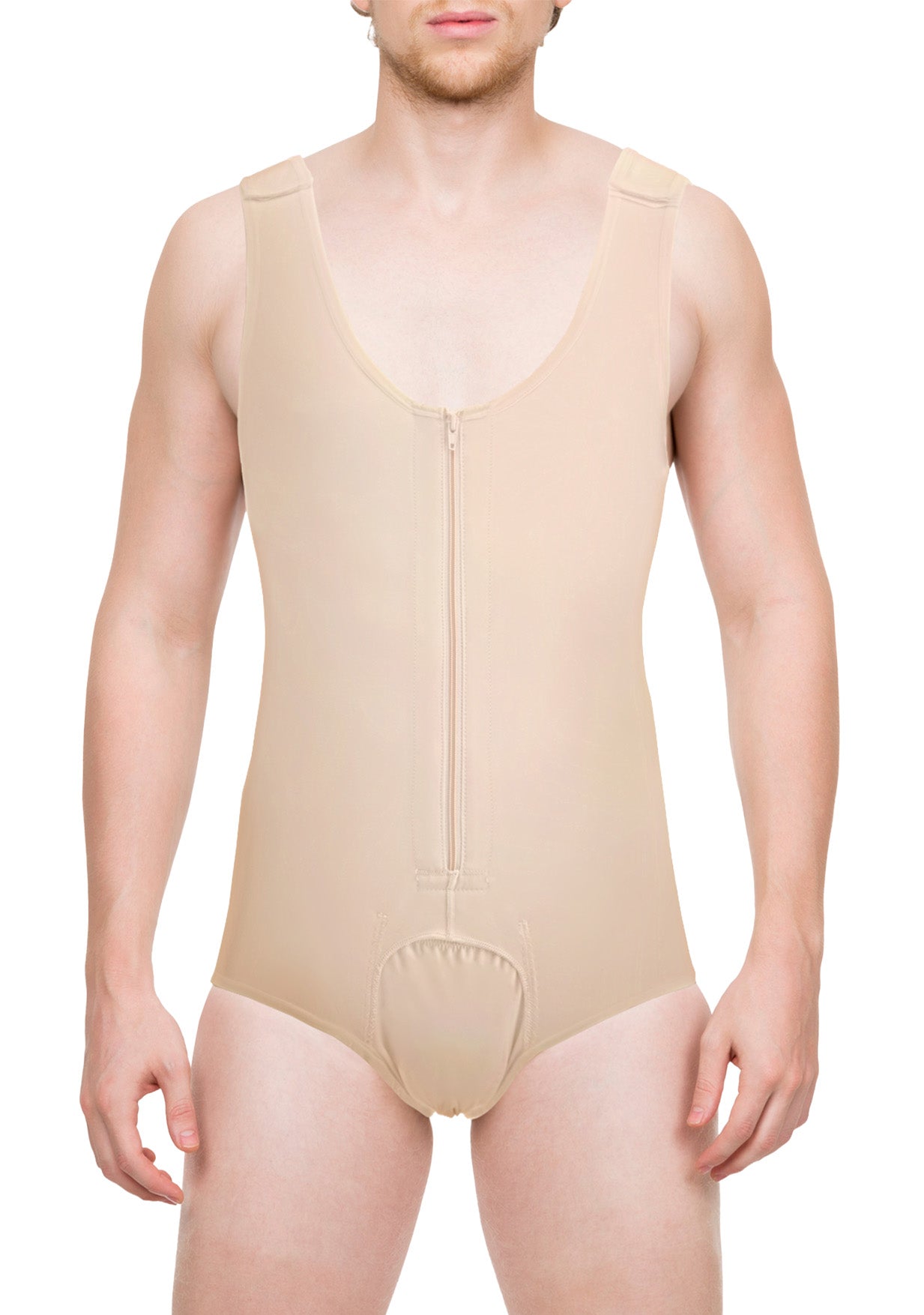 Beige bodysuit worn by a person on a white background