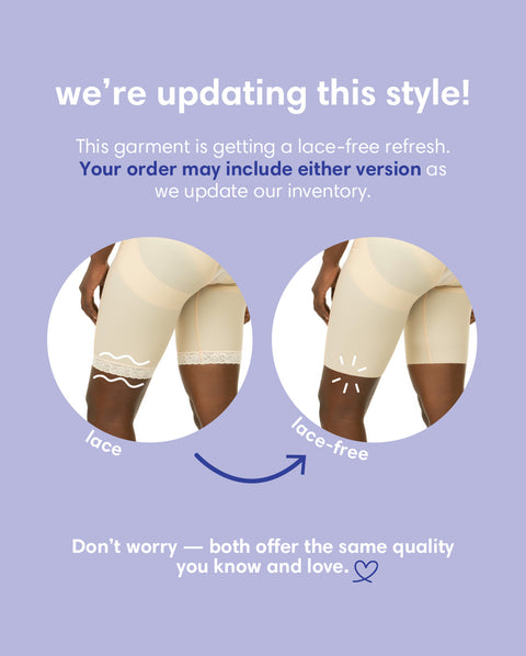 Announcement graphic for Isavela's lace-free refresh, showing the transition to a smooth, flat-seamed medical finish on the BE13 